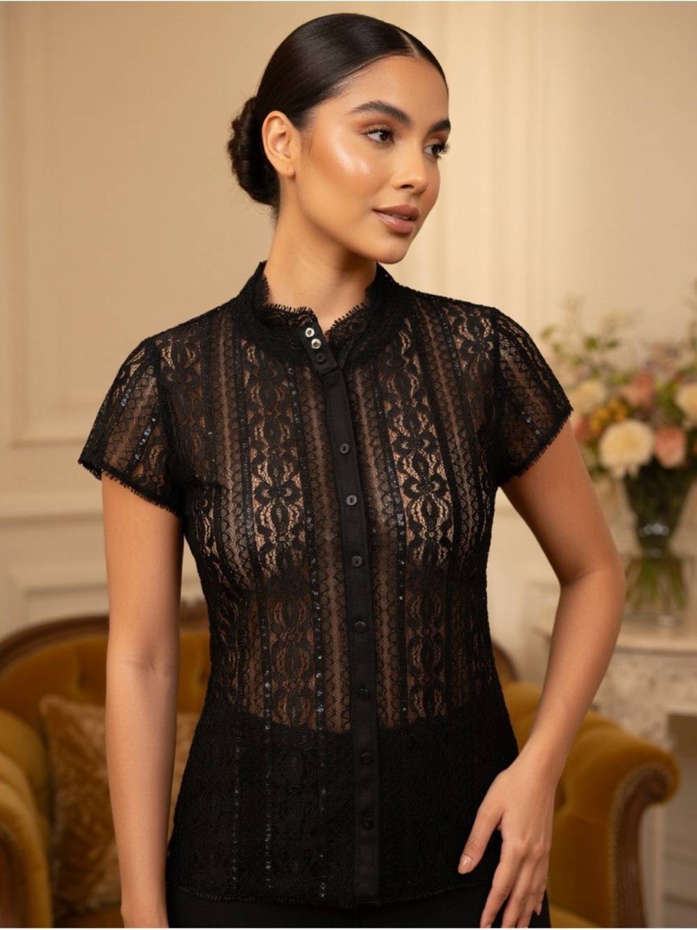 Liz Claiborne Black Lace Short-Sleeve Button-Down Blouse